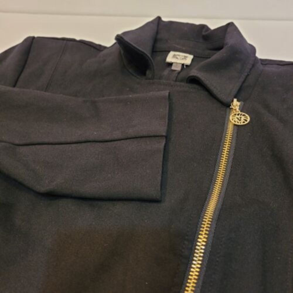 Anne Klein Moto Jacket‎ Womens M Black Excellent Asymmetric Zip Gold Hardware